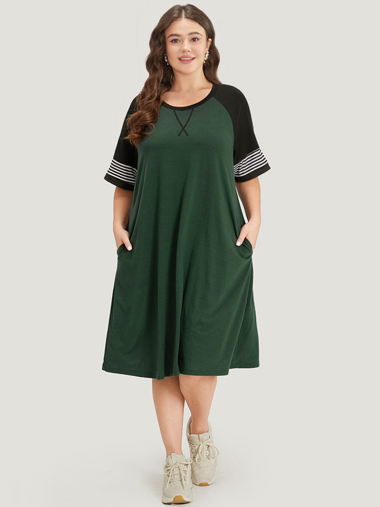 Supersoft Essentials Plain Pocket Striped Patchwork Round Neck Raglan Sleeve Dress