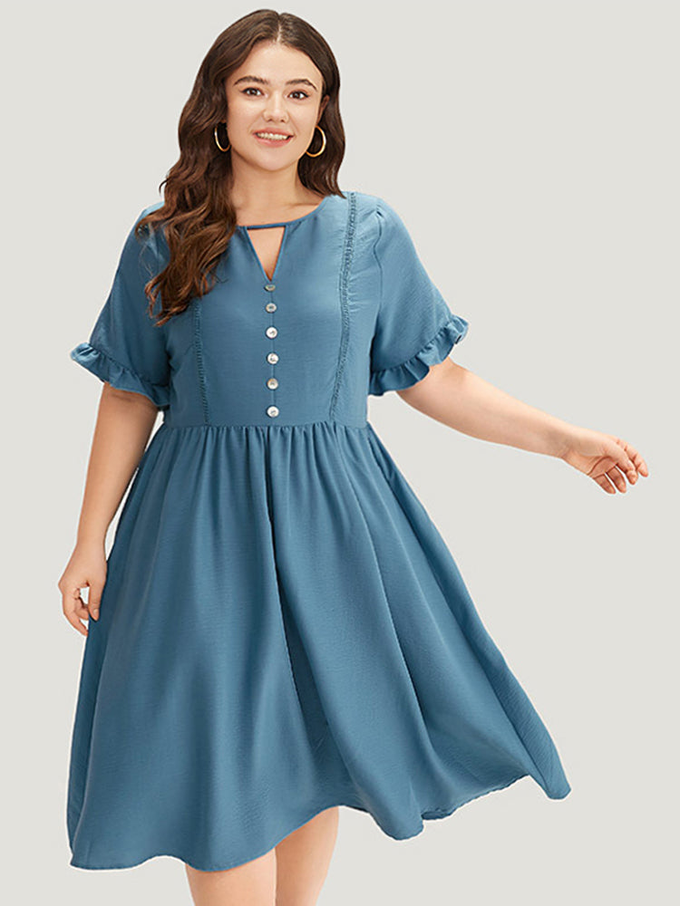 Solid Button Detail Keyhole Pocket Frill Trim Dress