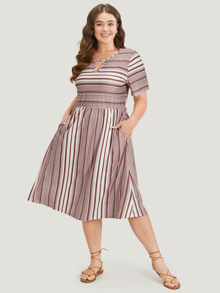 Striped Pocket Elastic Waist Keyhole Dress