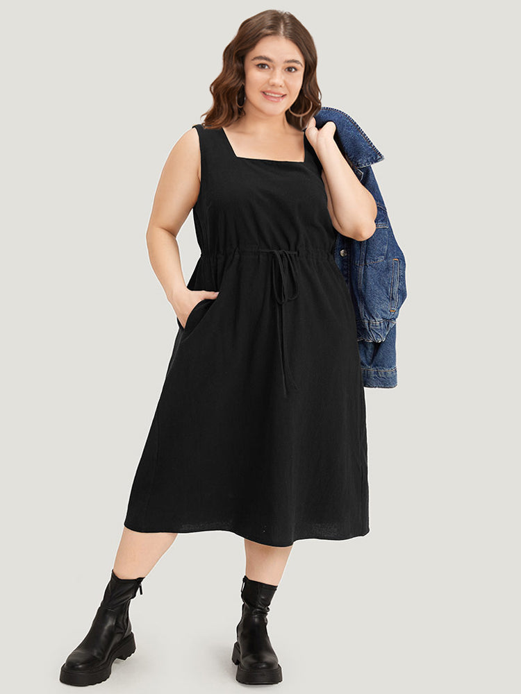 Plain Pocket Drawstring Square Neck Tank Dress