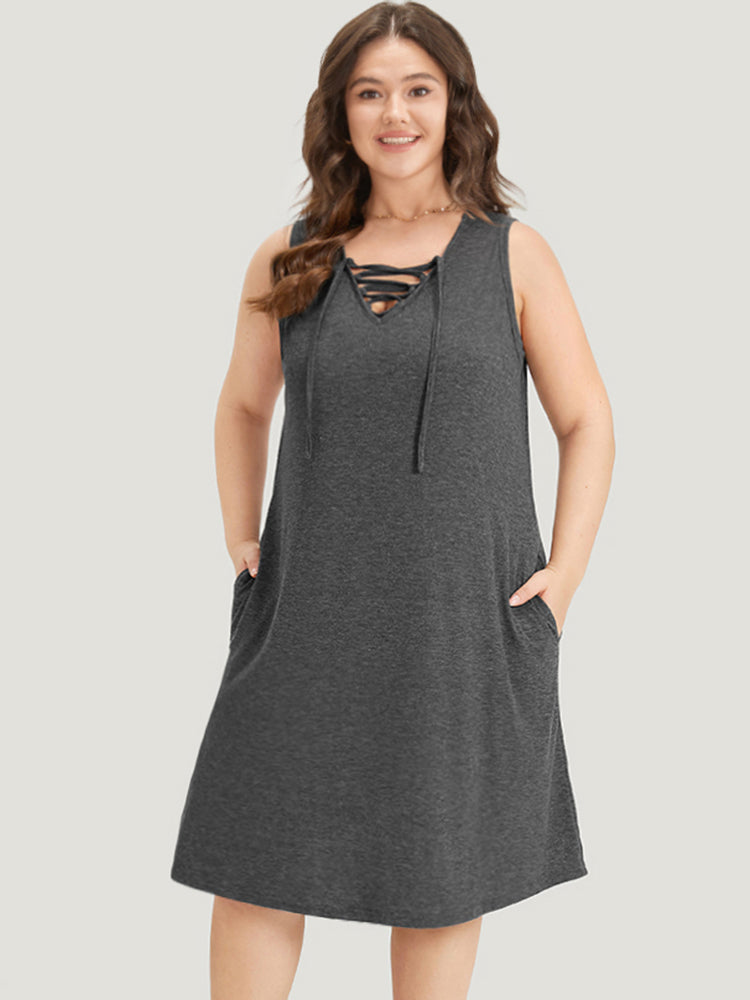 Plain Pocket Lace Up Sleeveless Dress