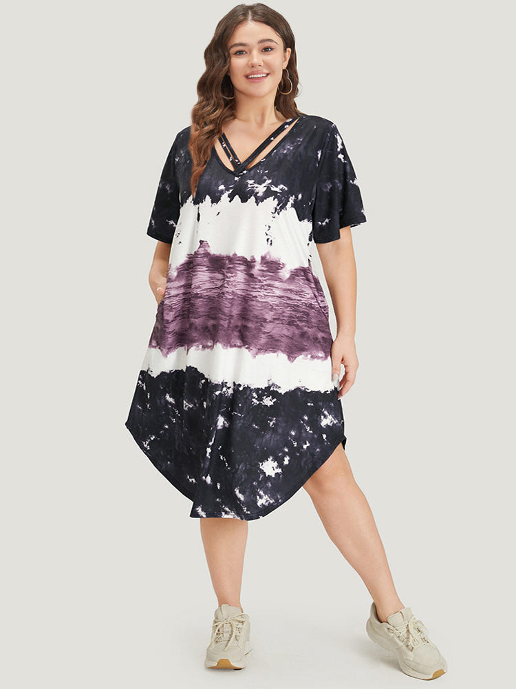 Tie Dye Crisscross Pocket Curved Hem Dress