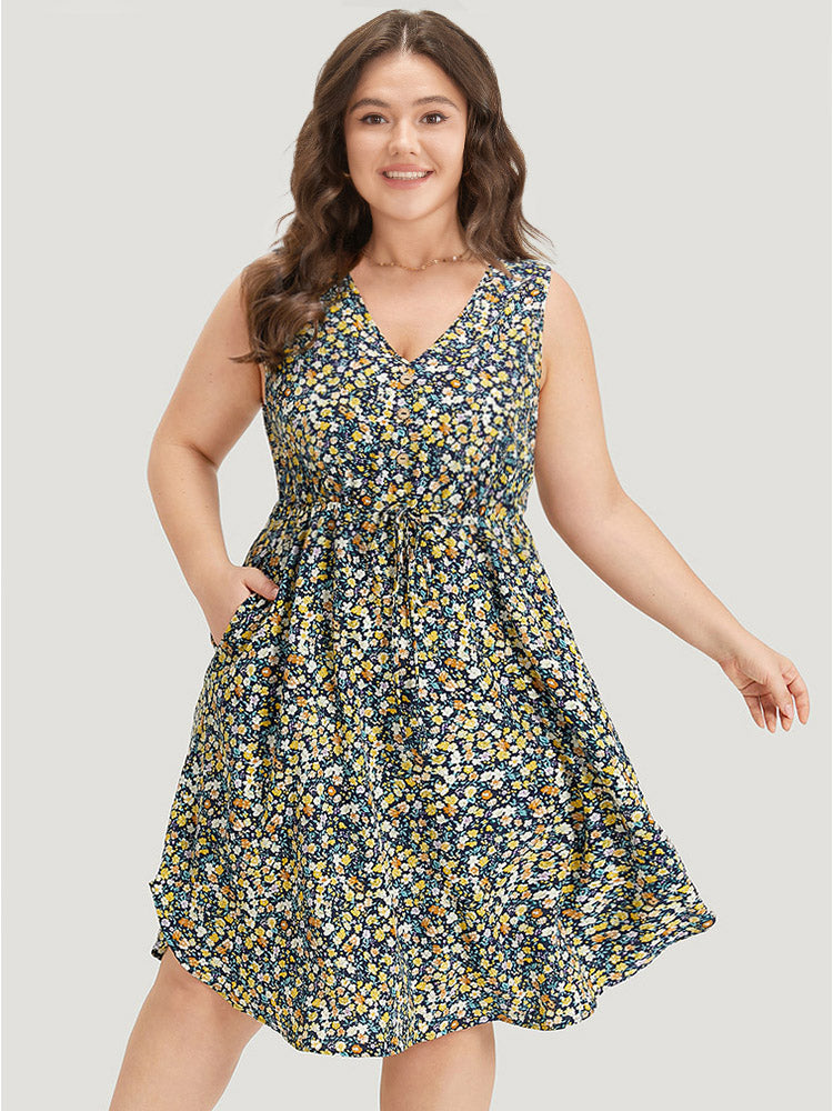 Ditsy Floral V Neck Pocket Gathered Sleeveless Dress