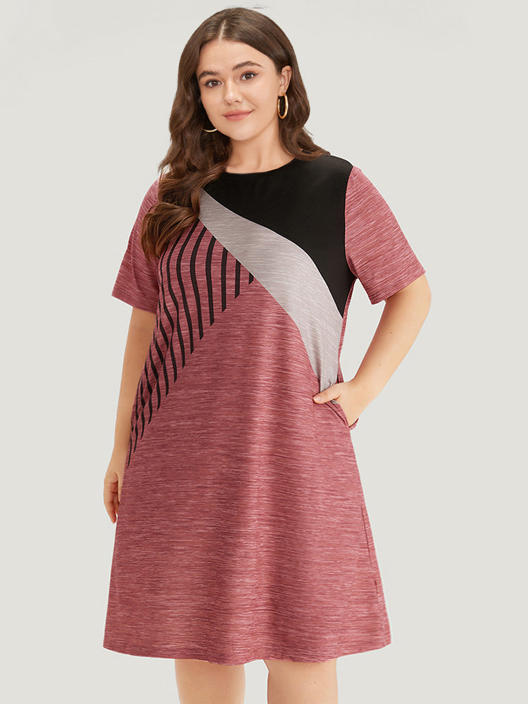 Colorblock Contrast Striped Pocket Crew Neck Dress