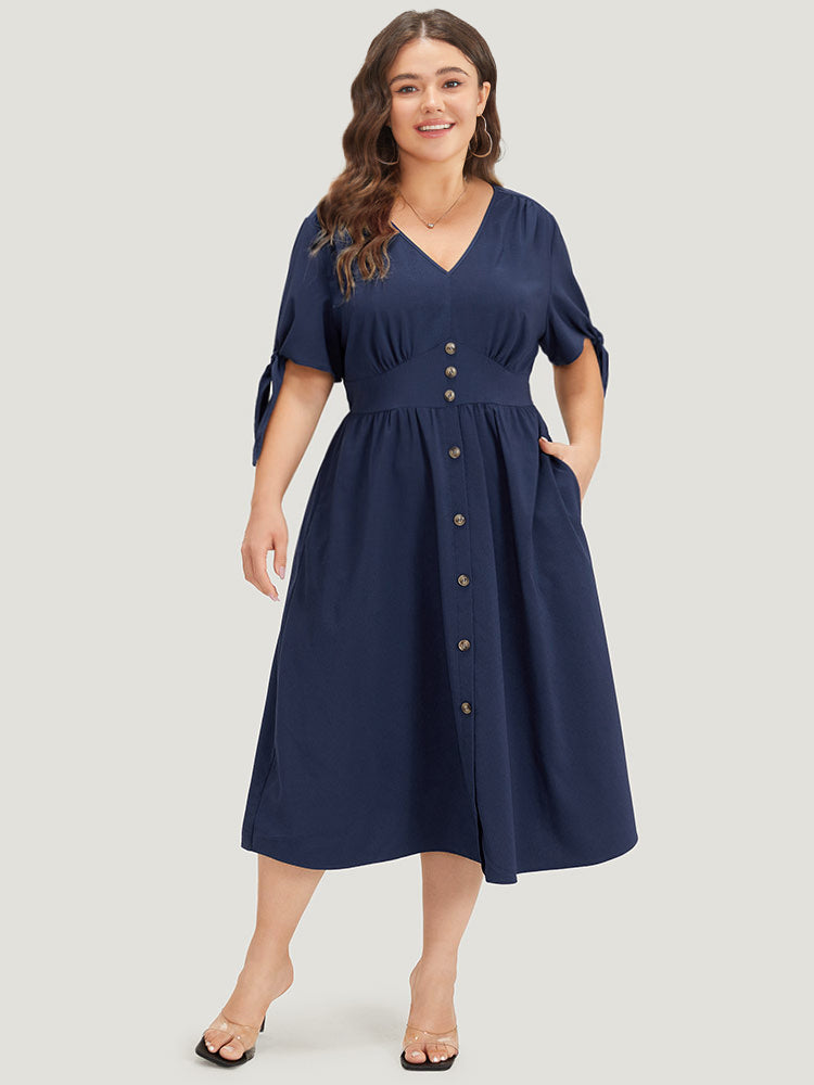 Plain Pocket Button Detail V Neck Plicated Knot Dress