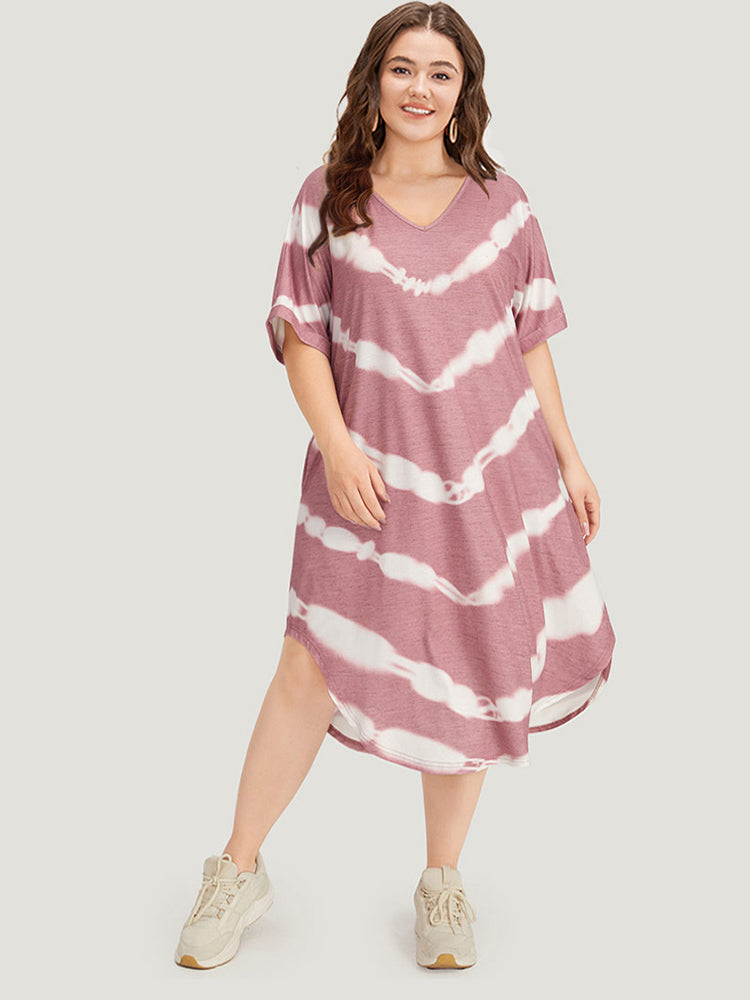 Tie Dye Striped Two Tone V Neck Pocket Dress