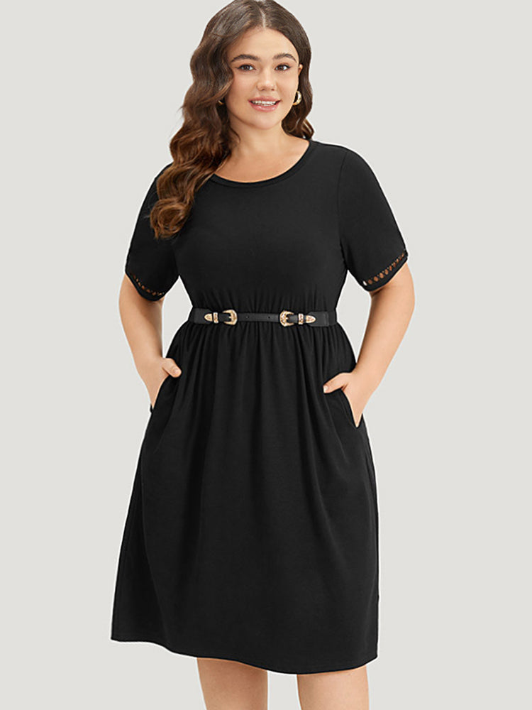 Plain Crew Neck Pocket Hollow Out Ruffle Hem Dress