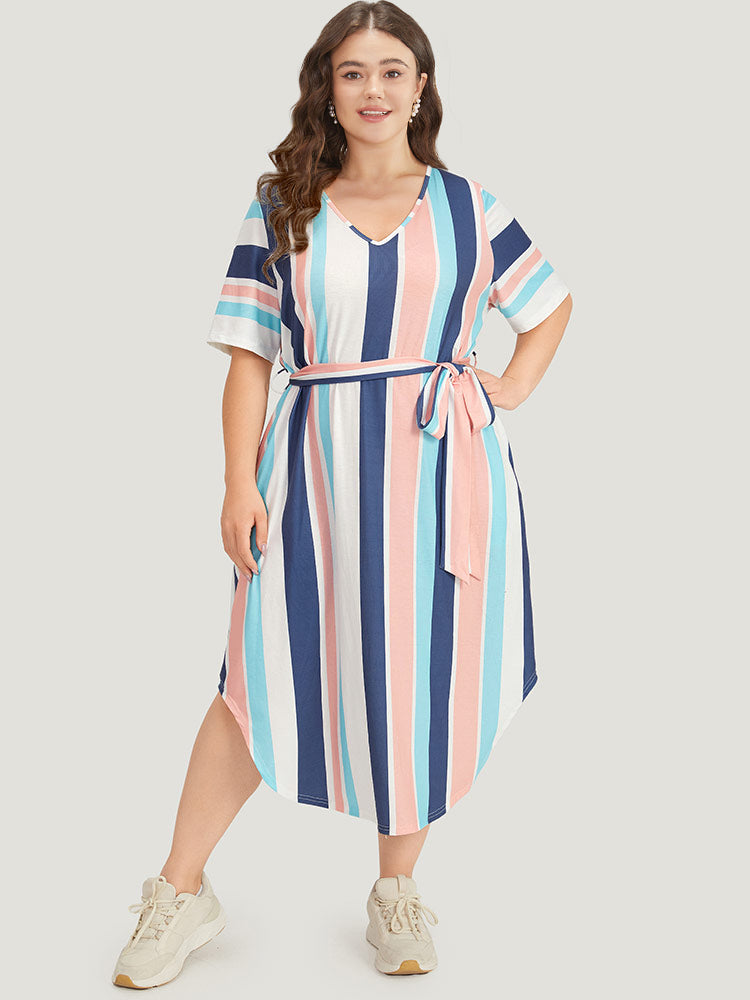 Striped Belted V Neck Pocket Arc Hem Dress