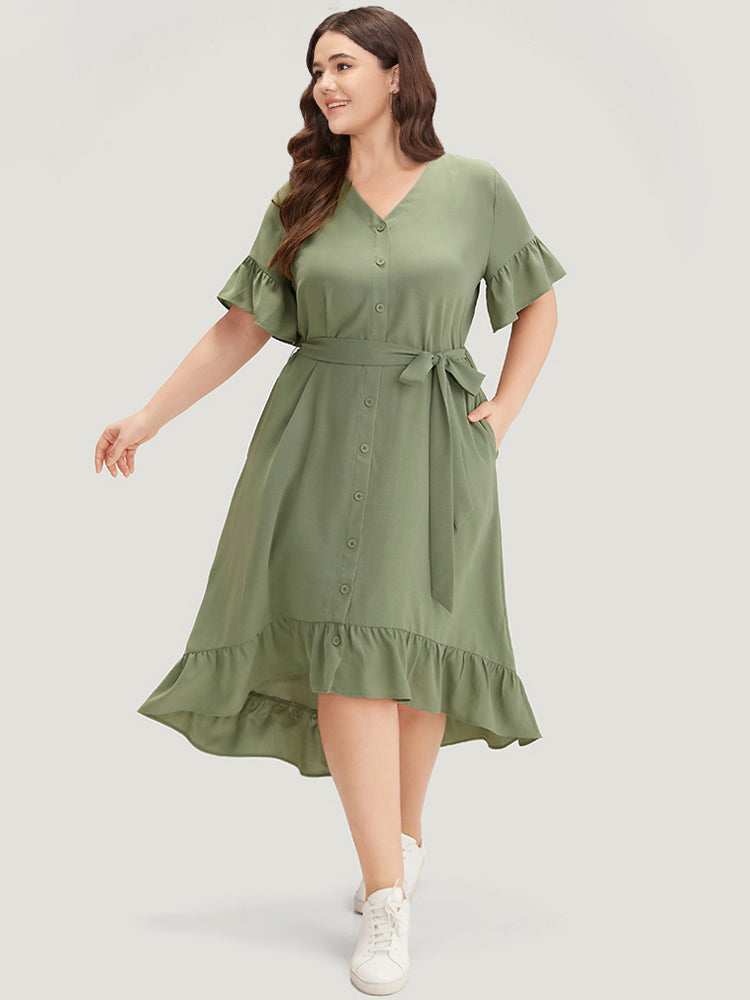 Plain Button Through Belted Pocket Flutter Sleeve Dress