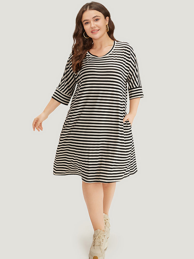 Supersoft Essentials Striped Pocket Crew Neck Batwing Sleeve Dress