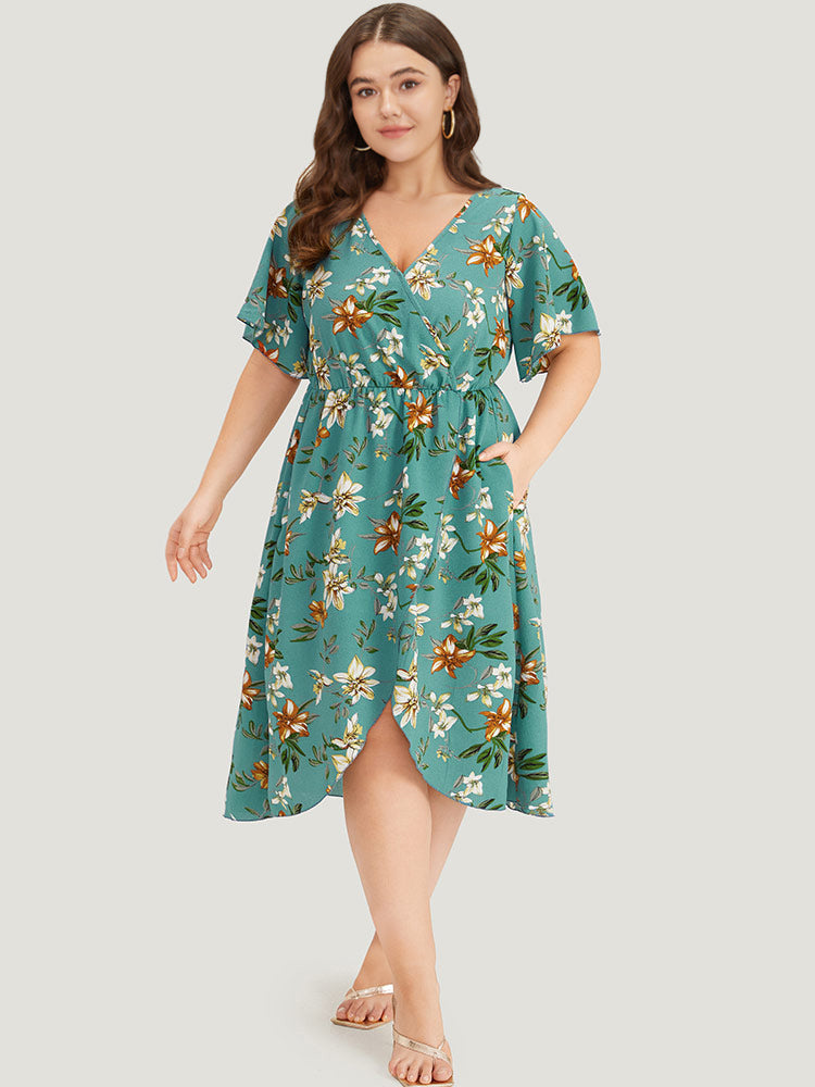 Floral Print :Pocket Ruffles Pocket Wrap Hem Dress