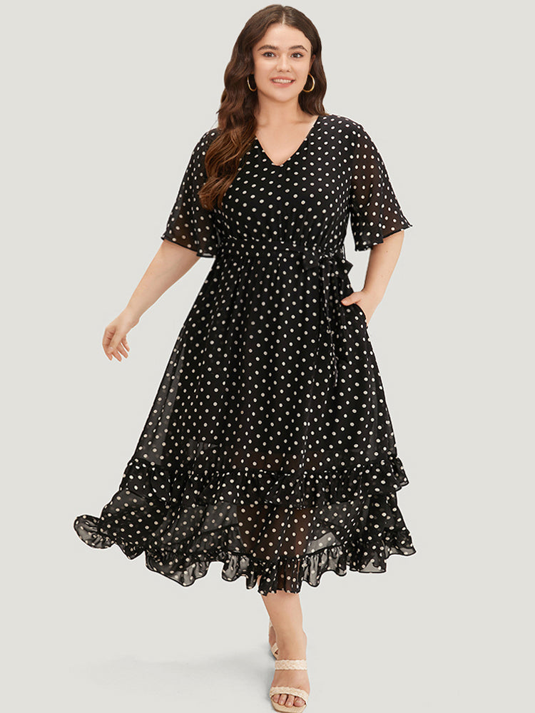 Polka Dot Ruffles Pocket V Neck Mesh Belted Dress