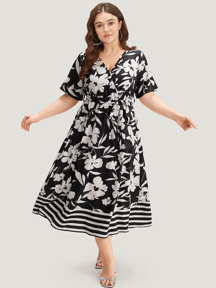 Silhouette Floral Print Striped Pocket Belted Dress