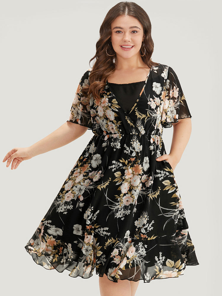 Floral Print 2-In-1 Mesh Ruffle Sleeve Dress