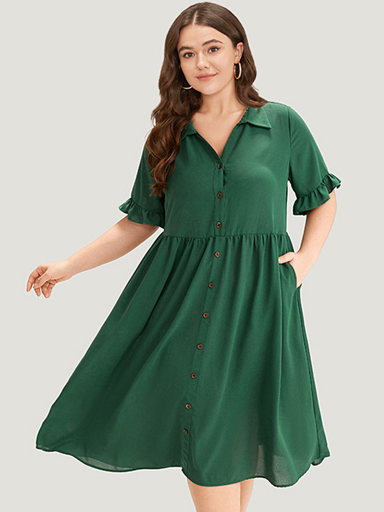 Plain Ruffles Pocket Button Up Pleated Frill Trim Dress