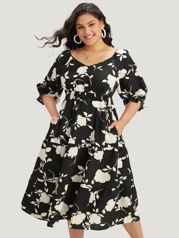 Silhouette Floral Print Gathered Pocket Shirred Dress