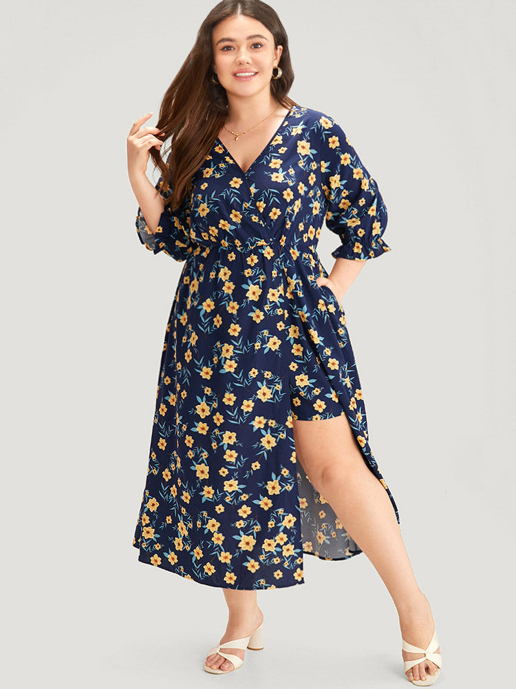 Floral Print Pocket V Neck Wrap Split Hem Jumpsuit