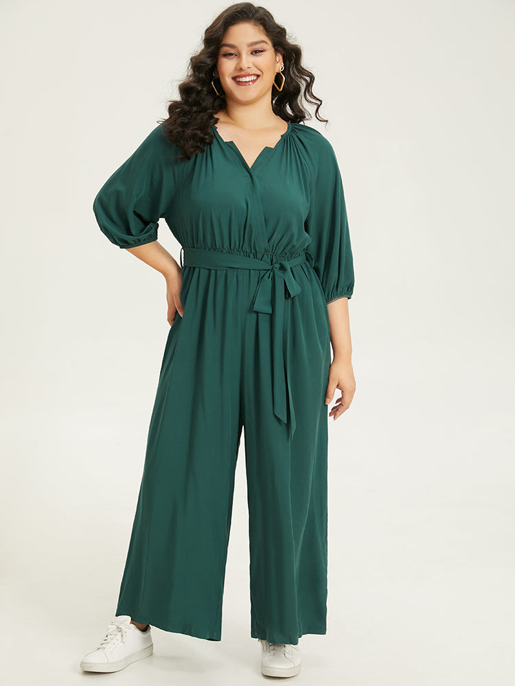 Plain Notched Belted Gathered Lantern Sleeve Jumpsuit