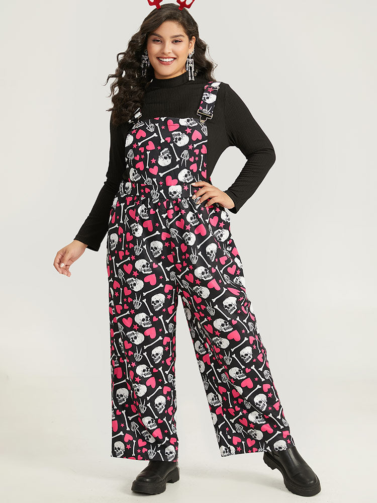 Halloween Skull &Heart Print Pocket Gathered Jumpsuit