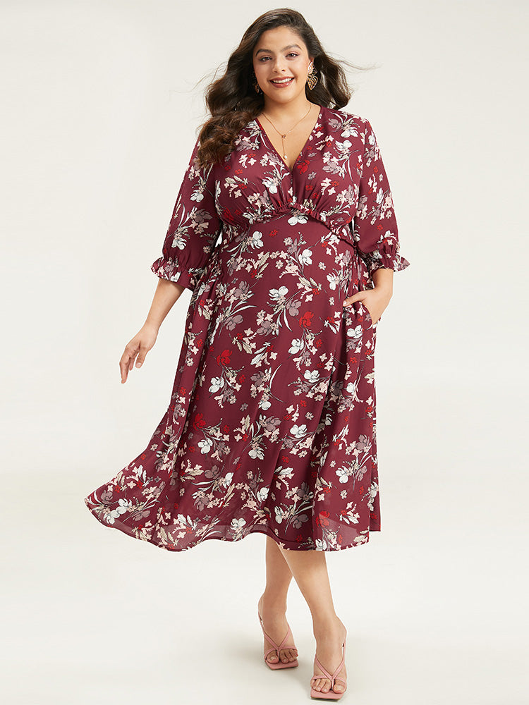 Floral Print Ruffle Sleeve Gathered Dress