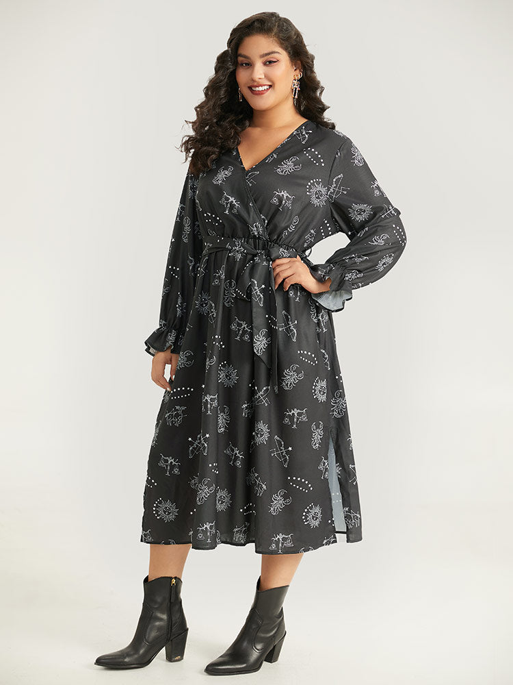 Halloween Print Belted Pocket Wrap Split Hem Dress