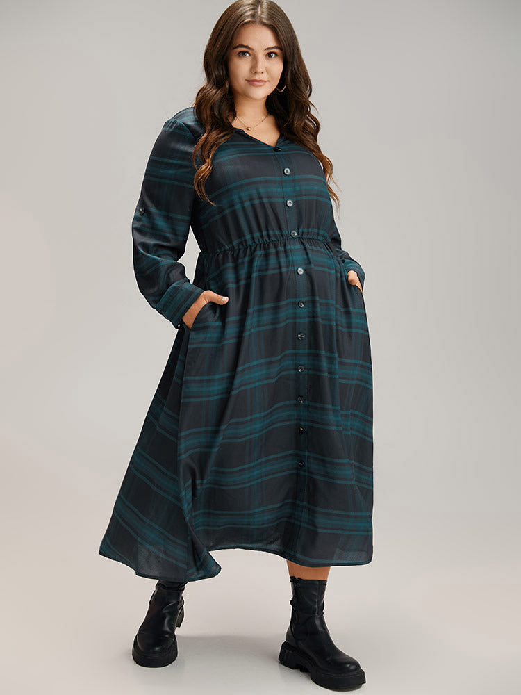 Plaid Button Detail Notched Tab Sleeve Dress