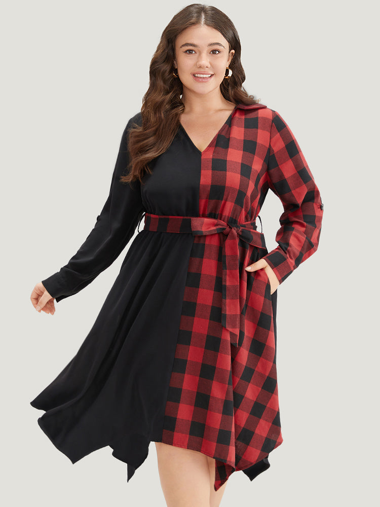 Plaid Patchwork Belted Hanky Hem Dress