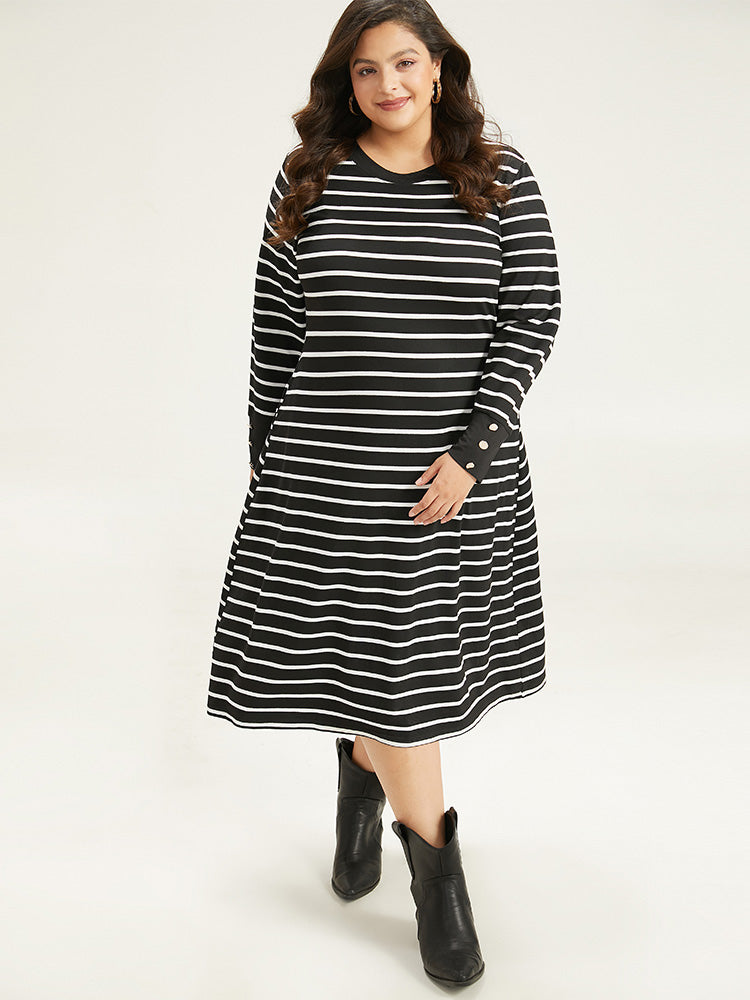 Rib Knit Striped Button Detail Patchwork Dress