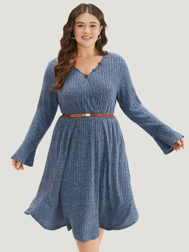 Rib Knit Button Detail Pocket Bell Sleeve Dress