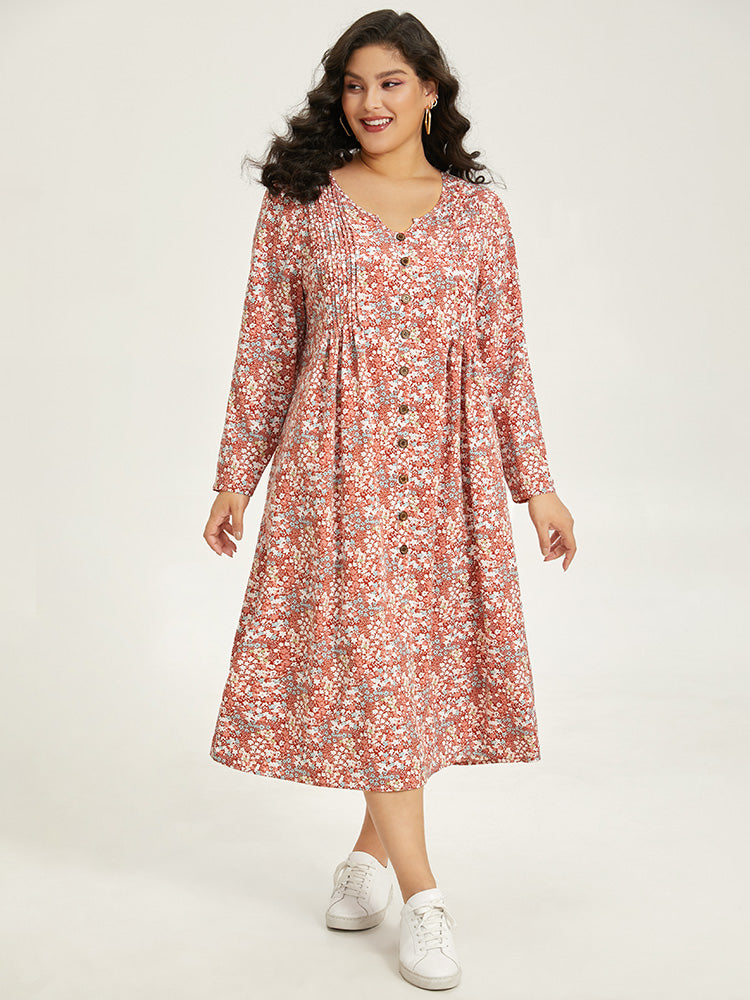 Ditsy Floral Notched Pocket Button Detail Dress