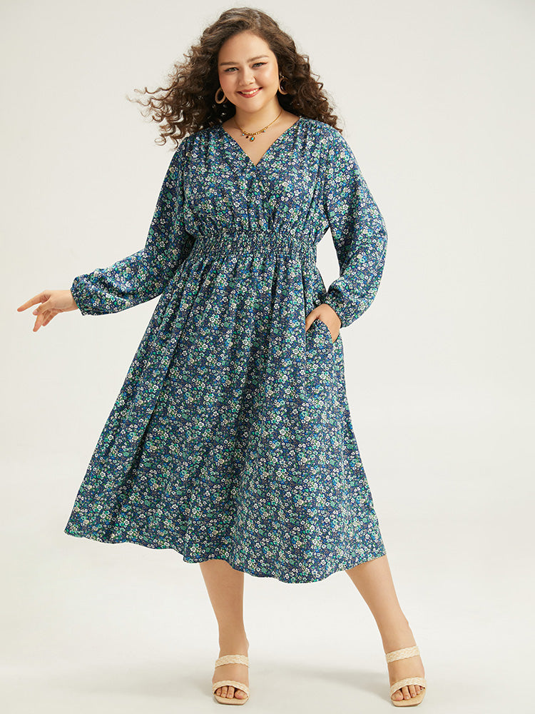 Ditsy Floral Wrap Shirred Pocket Lantern Sleeve Dress