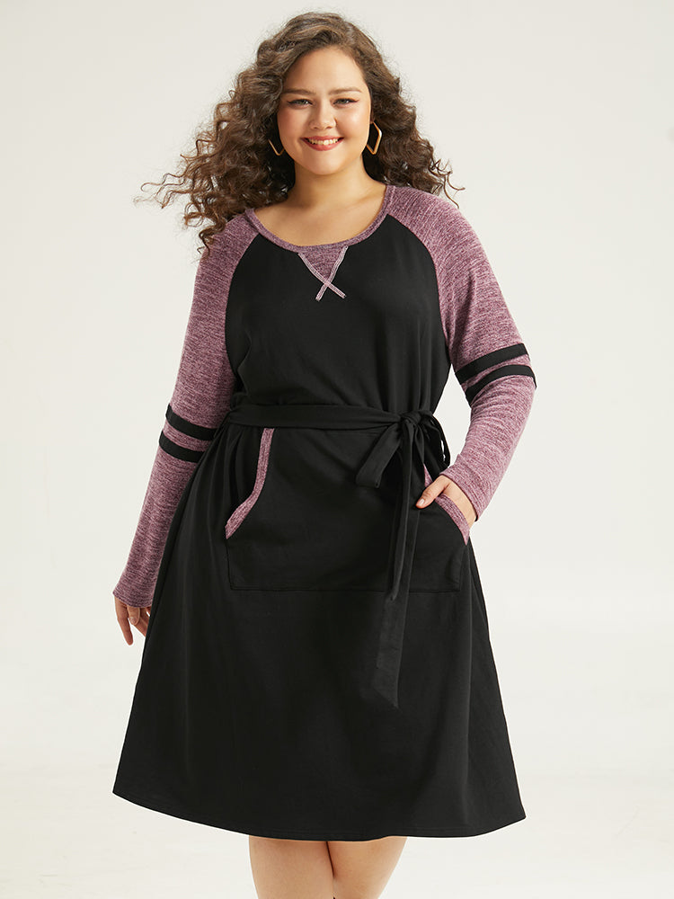 Stitch Pocket Striped Patchwork Raglan Sleeve Belted Dress