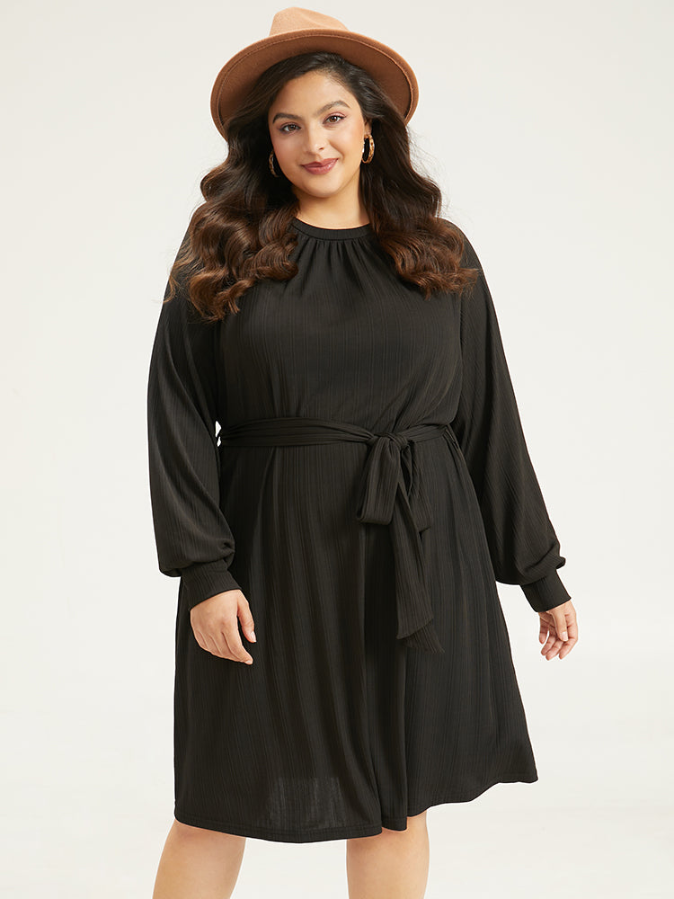 Rib Knit Solid Pocket Pleated Belted Dress