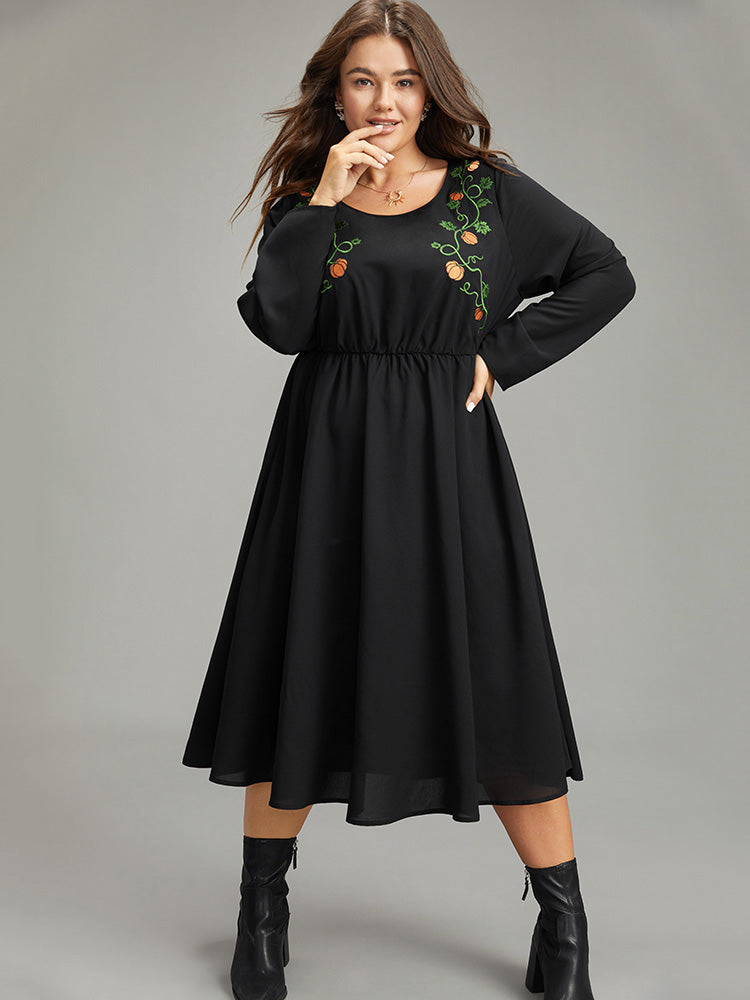 Halloween Pumpkin Embroidered Pocket Dress