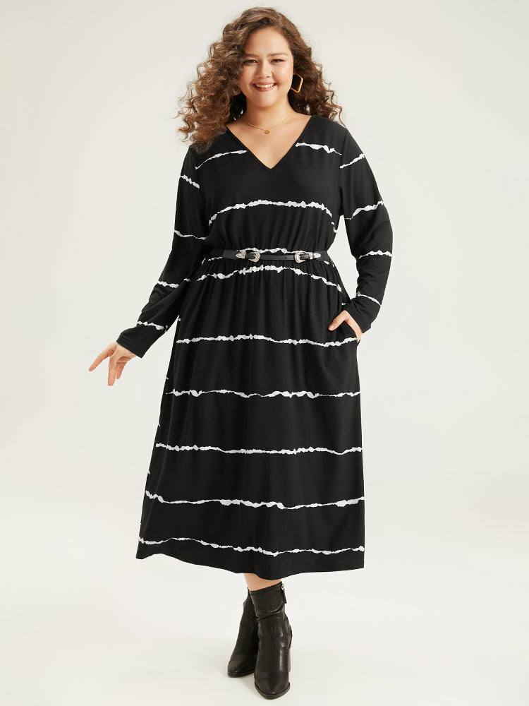 Striped Print V Neck Elastic Waist Dress