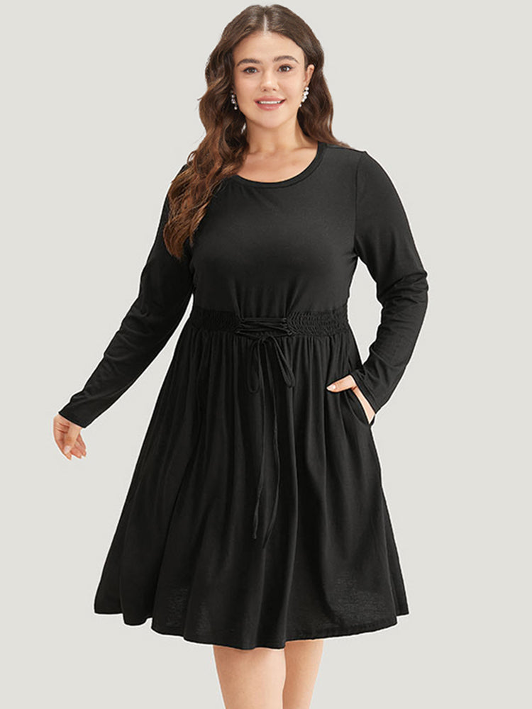 Plain Lace Up Shirred Pocket Round Neck Dress