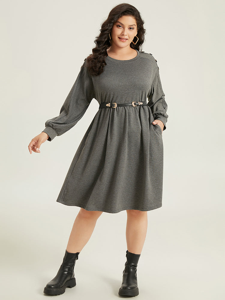 Plain Button Detail Pocket Gathered Dress