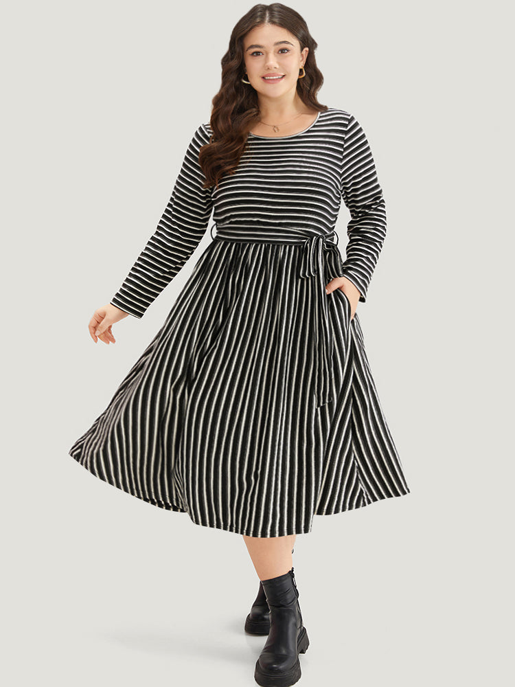 Striped Round Neck Belted Dress