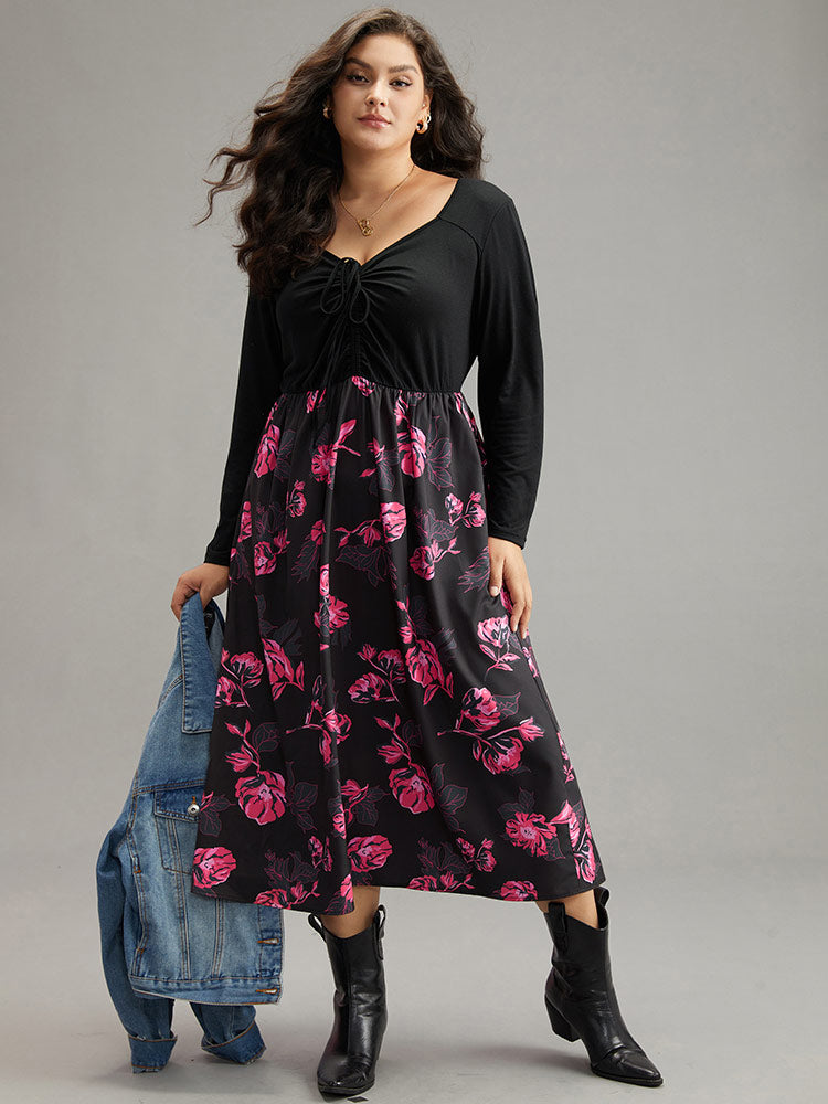 Floral Patchwork Gathered Drawstring Dress