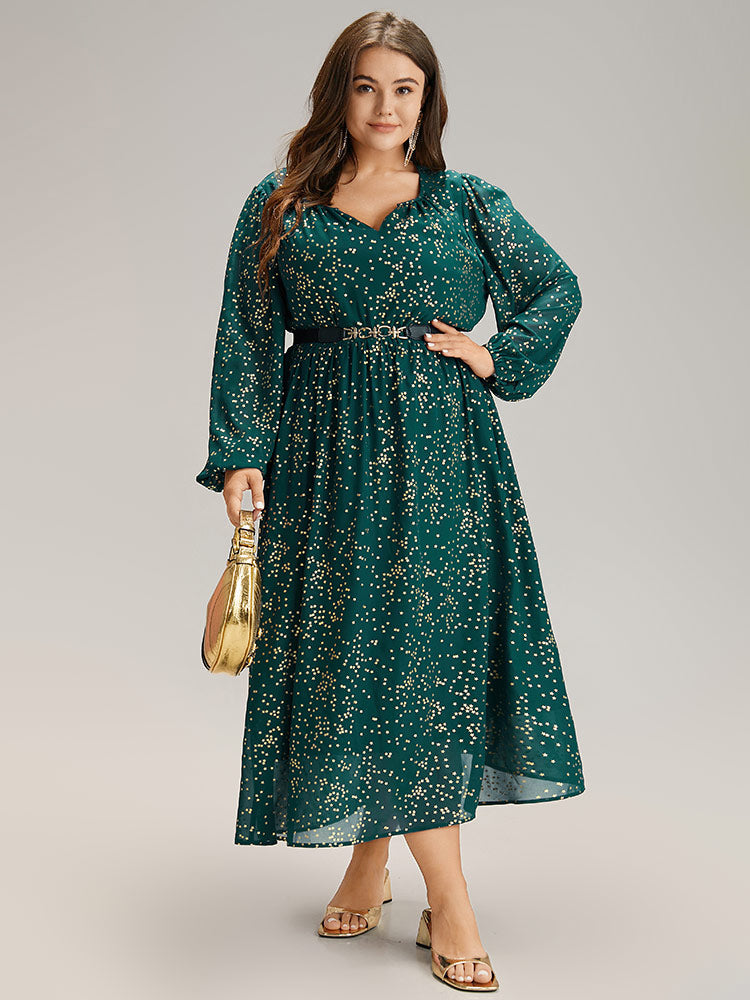 Glitter Star Notched Pleated Lantern Sleeve Dress