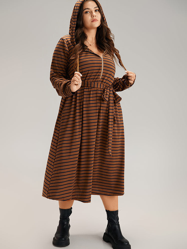 Striped Belted Zipper Drawstring Dress