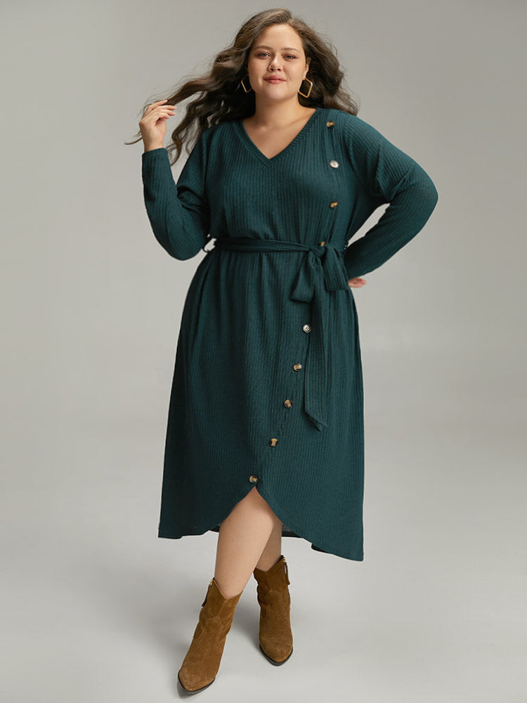 Rib Knit Button Detail Belted Wrap Hem Dress