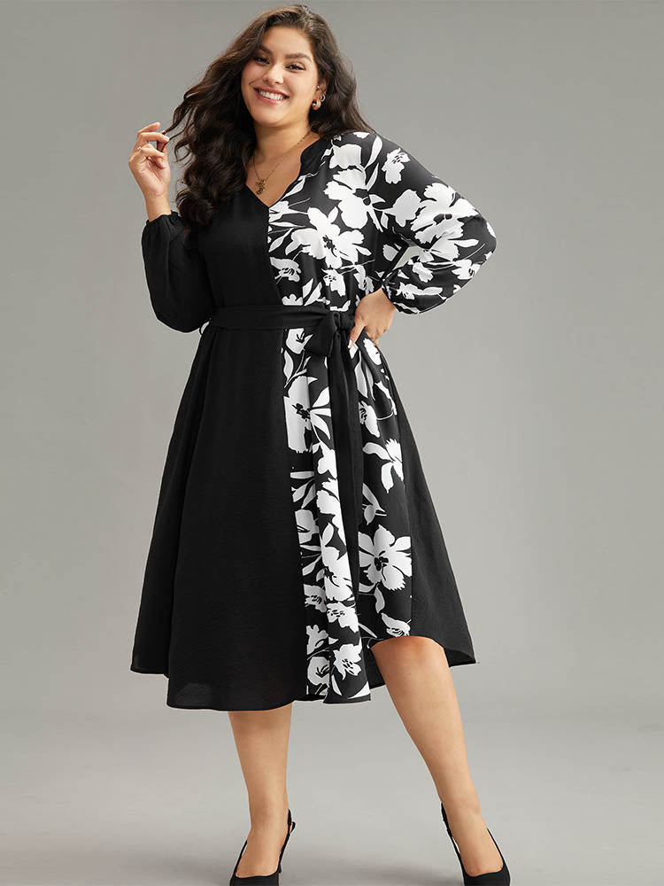 Silhouette Floral Print Patchwork Pocket Dress