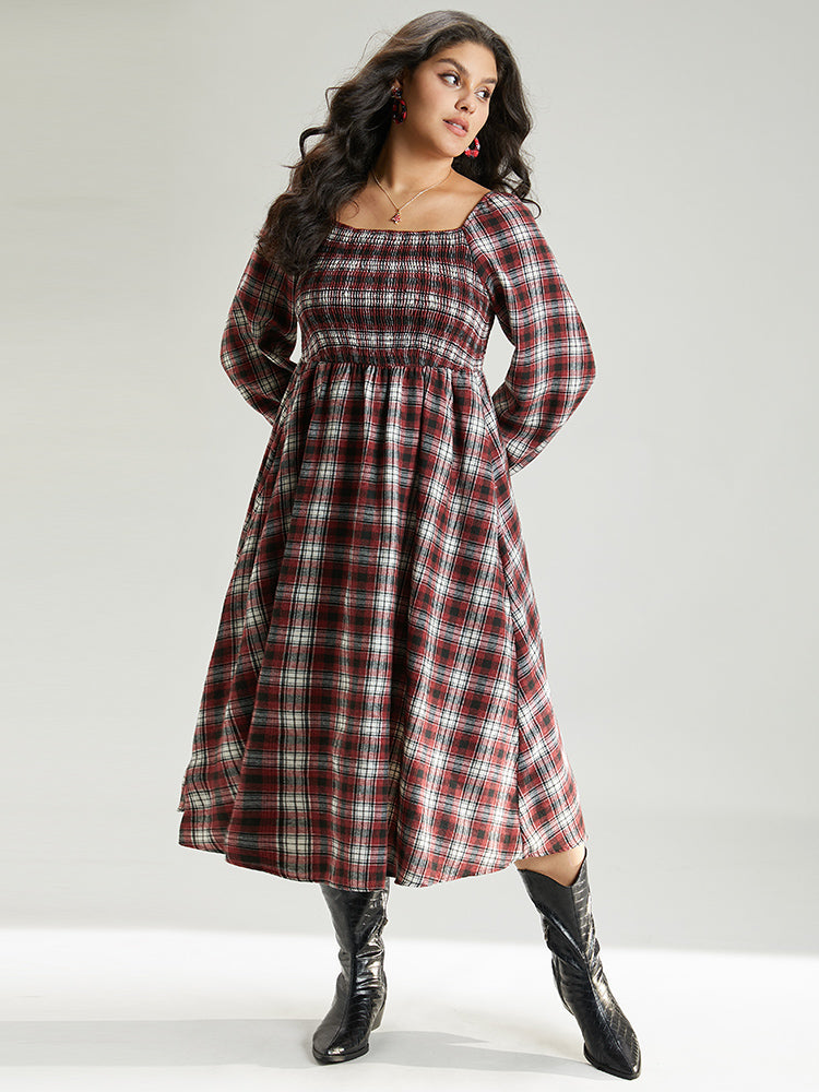 Square Neck Plaid Shirred Lantern Sleeve Dress