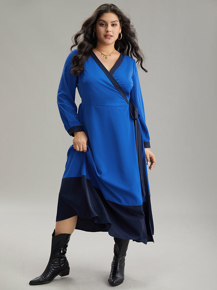 Static-Free Two Tone Wrap Ties Pocket Dress