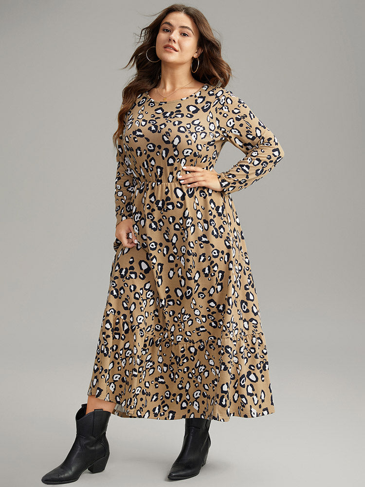 Leopard Print Round Neck Ruffle Hem Dress