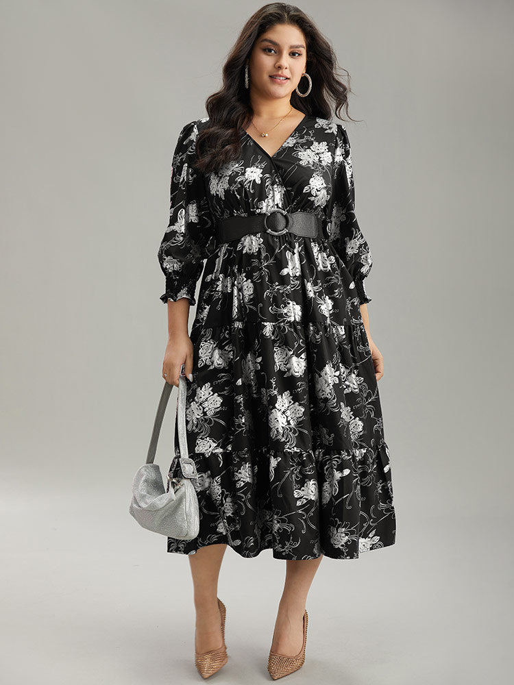 Silhouette Floral Print Glitter Wrap Shirred Dress