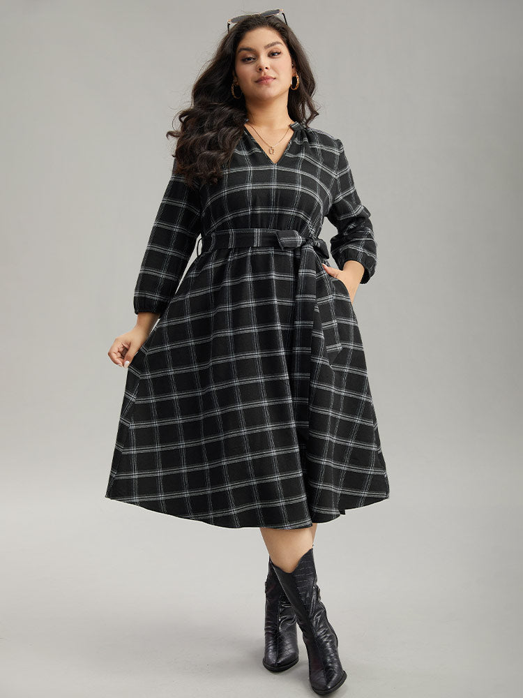 Plaid Notched Elastic Waist Belted Dress