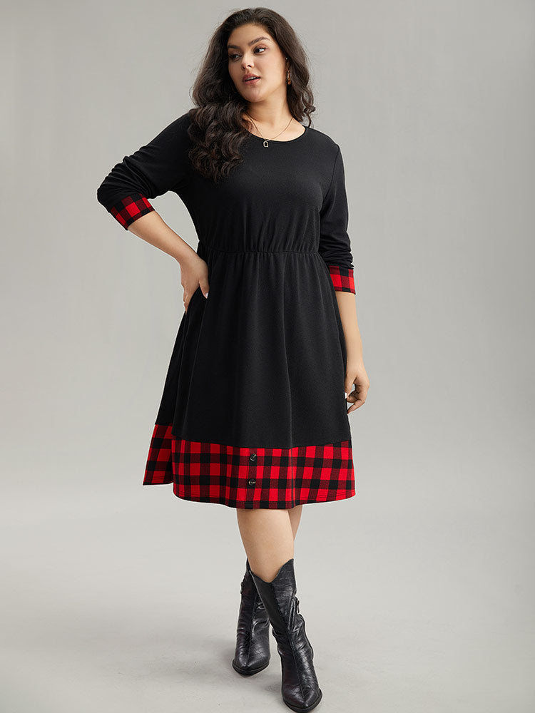 Plaid Patchwork Round Neck Elastic Waist Dress