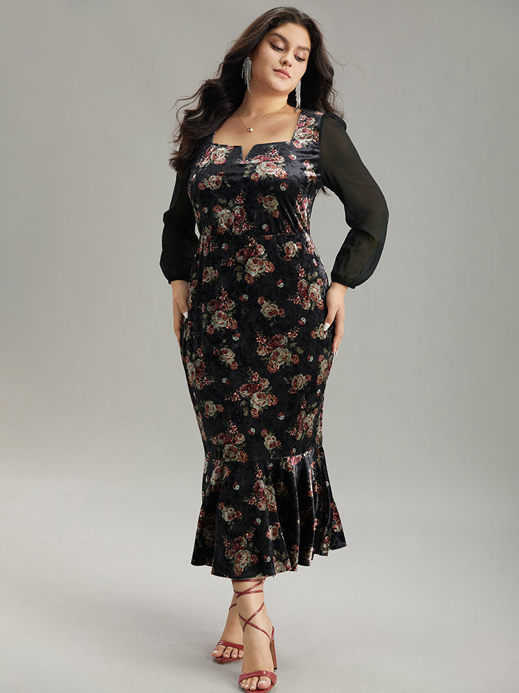 Velvet Floral Notched Ruffles Mermaid Hem Dress